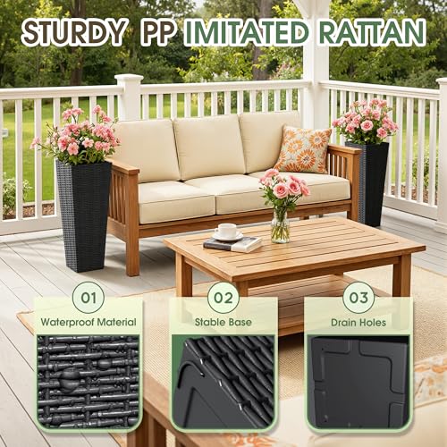 Greesum 23 Inch Tall Plastic Planters with Rattan Texture – Set of 2, Black - color: Black, size: 24" without Tray