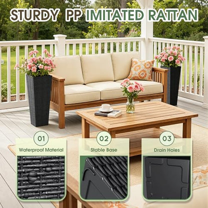 Greesum 23 Inch Tall Plastic Planters with Rattan Texture – Set of 2, Black - color: Black, size: 24" without Tray