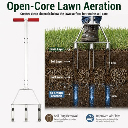 PPZ Manual Core Aerator Lawn Tool with 3 Hollow Tines for Compacted Soil