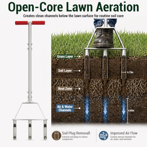 PPZ Manual Core Aerator Lawn Tool with 3 Hollow Tines for Compacted Soil