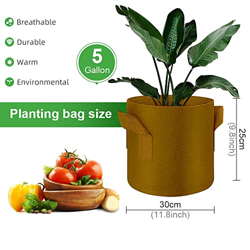 5-Pack 5 Gallon Grow Bags Heavy Duty Thickened Nonwoven Fabric Pots with Handles, Plant Grow Bags for Vegetables/Flower/Plant/Fruits, Brown - color: Brown, size: 5 Gallon