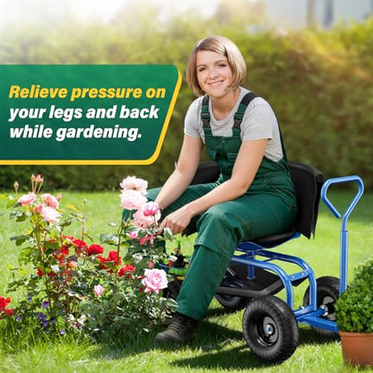 Garden Seat with Wheels, Rolling Garden Stool with Adjustable 360°Swivel Seat - color: Blue