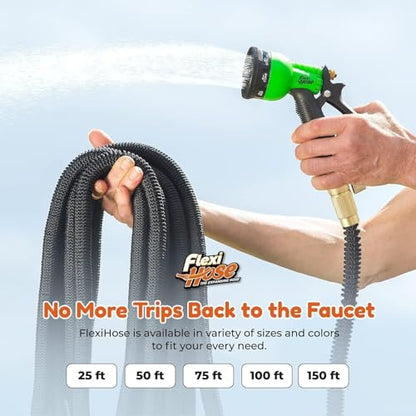 Flexi Hose with 8 Function Nozzle, 50FT - Lightweight Expandable Garden Hose, No-Kink Flexibility, 3/4 Inch Solid Brass Fittings and Double Latex Core - size: 50ft