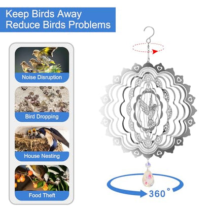 3D Wind Spinners Outdoor Flowing-Light Effect Metal Garden Decor, Highly Reflective Bird Deterrents for Outside, Mirrored Wind Sculptures to Scare Birds Away from Yard Patio Farm (Hummingbird-Silver)