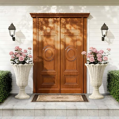Tall Plastic Urn Planters and Pedestal - 24" Outdoor Planter Beige - color: Yellowish Beige-petal