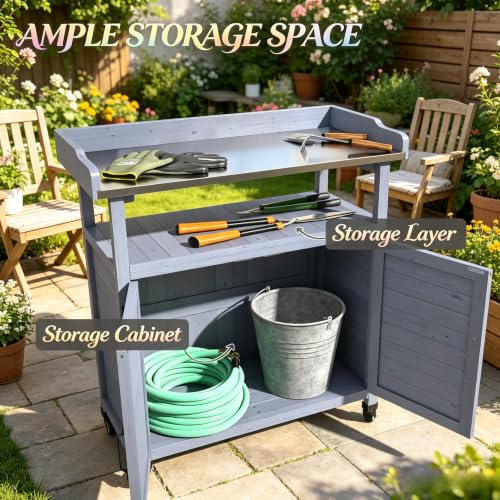 Gray Fir Wood Vanity Table with Aluminum Top and Cabinet Storage - color: Gray - 33.90 X 15.90 X 37.40 Inch
