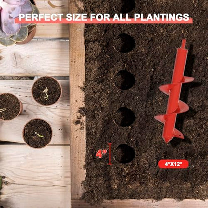 Auger Drill Bit for Planting - 4" X 12" Heavy-Duty Garden Auger Spiral Drill Bit - Bulb Planter Tool & Auger Post Hole Digger - 3/8" Hex Drive Drill - size: 4"x12"(Red)