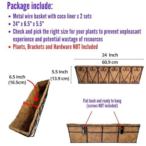 LaLaGreen Balcony Wall Planter (24 in, 2 Pack) Black Coco Liner Trough Box - size: 24" (61cm) x 2 Pack