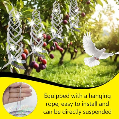 Spiral Reflective Bird Repellent Device 4Pcs, 17.8 Inch Silver Bird Deterrent Hanging Ornament, Wind-Activated Rotating Reflector, for Garden, Yard, and Balcony Window Bird Control
