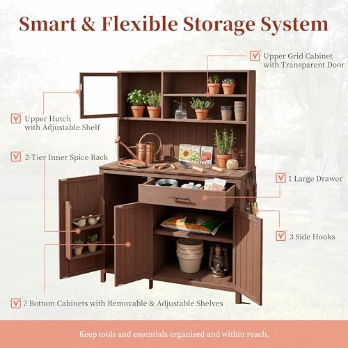 Merax Outdoor Garden Potting Bench with Hutch, 65" H Solid Fir Wood Patio Garden Workstation Tabl with Large Countertop, Adjustable Shelves, Door Rack, Side Hook and Drawer, Brown - color: Brown