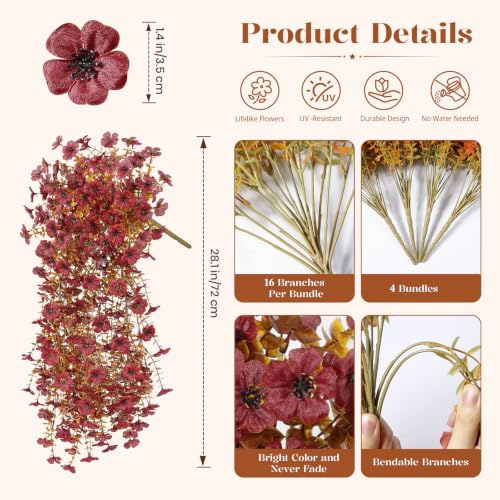 Alupssuc 4 PCS Fall Hanging Flowers Artificial for Outdoor Indoor Decor - color: Brown