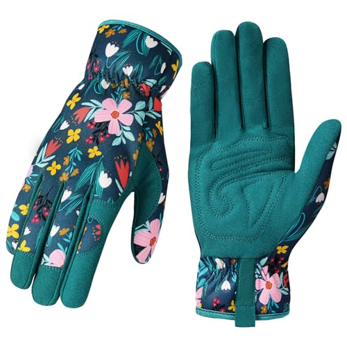 Gardening Gloves for Women, Breathable Leather Garden Gloves,Gardening Gift - color: Green - Pink Flower
