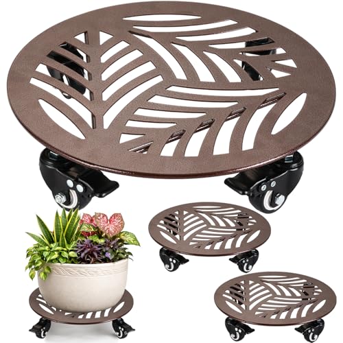 3-Pack Large Metal Plant Caddy with Wheels 13 Inches Heavy-duty Rolling Plant Stands with Casters Wheeled Flower Pot Mover Rollers Rust-proof Iron Planter Dolly Coasters for Indoor Outdoor Use - color: Textured Brown, size: 13"/ 3 packs
