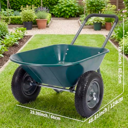 600 Lbs Garden Wheelbarrow with All Terrain 2 Wheel Wagon Cart Steel Frame - color: Army Green