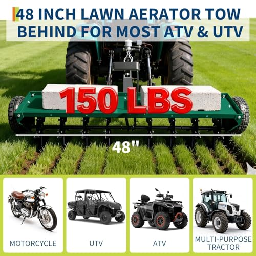 48'' Tow Behind Lawn Aerator, Heavy Duty Tow Pull Behind Plug Aerator with Universal Hitch, 3" Spikes & Inflatable Wheels, Tow Behind Core Aerator for Lawn, Grass Yard, Garden and Farms, Green - color: Green
