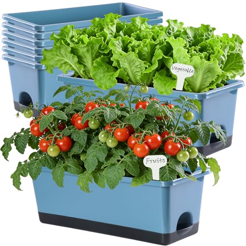 Oliz Window Box Planter 8 Pcs, 17 Inches Rectangle Flower Pots with Drainage Holes and Trays, Vegetable Planters for Windowsill Patio Garden Balcony Home Porch Yard Indoor Outdoor (Blue) - color: Blue