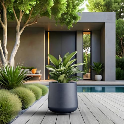 Kante Accent Round Curved Charcoal Concrete Planter 13" Dia, Outdoor - color: Charcoal, size: 11.6" D