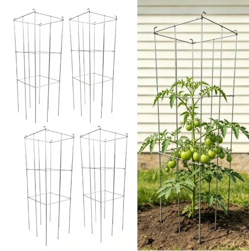 4 Pack 12x39 Inch Galvanized Folding Square Tomato Cages - size: 39in Sq-Galvanized-4Pack