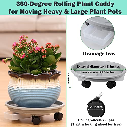 4-pack 13" Plant Caddy with Wheels, Drainage Tray & Heavy-duty Casters - Large Rolling Plant Stand for Moving Heavy Pots, Indoor & Outdoor Use, Grey - color: Grey