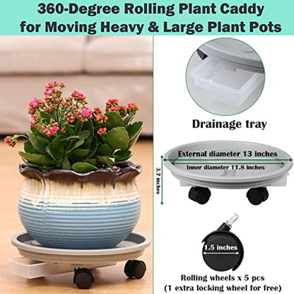 4-pack 13" Plant Caddy with Wheels, Drainage Tray & Heavy-duty Casters - Large Rolling Plant Stand for Moving Heavy Pots, Indoor & Outdoor Use, Grey - color: Grey