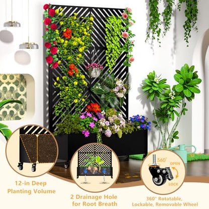 MTART Metal Planter Box with Trellis, 72"x47"x16" Outdoor Galvanized Raised Garden Bed with Privacy Screen & Drainage Holes & Lockable Casters for Climbing Plants, Vegetable, Vines (Black-Arrow) - color: Black-arrow