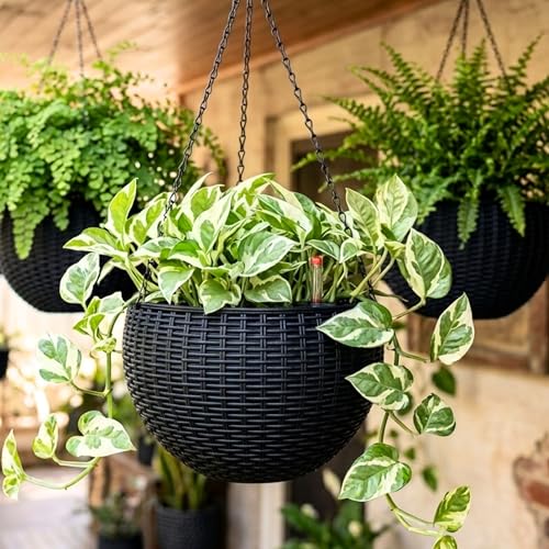 LaLaGreen Indoor Hanging Planters (11in, 4 Pack) Self-Watering Flower Pots - color: Black X 4
