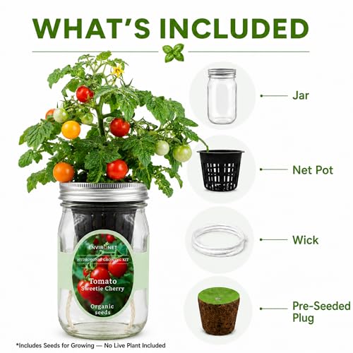 Hydroponic Tomato Growing Kit, Self-Watering Mason Jar Tomato Garden Starter Kit Indoor, Grow Tomatoes from Organic Seeds (Sweetie Cherry Tomato) - color: Sweetie Cherry Tomato