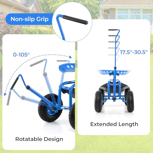 Rolling Garden Seat, Garden Stool with Wheels, Extendable Handle, Storage Basket & Tool Tray, Garden Scooter with 360 Degree Swivel Seat for Outdoor, Garden & Yard (Blue) - color: Blue