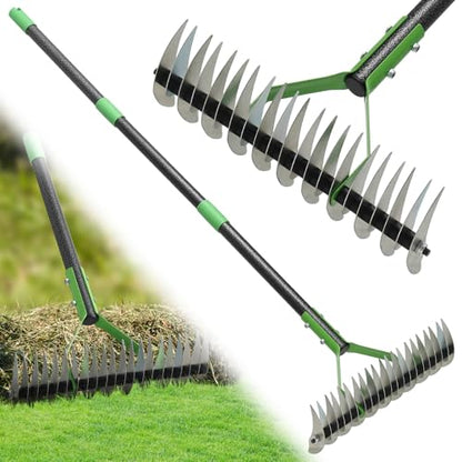 Thatch Rake, 65" Lawn Thatching Rake for Cleaning Dead Grass, 13 Inch Wide Heavy Duty 21 Teeth Steel Metal Rakes, Landscaping Raking Garden Tools for Lawn Care Loosening Leveling Soil Mulch