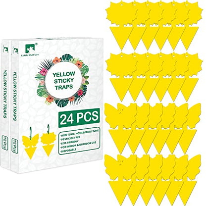 LULUCATCH Fruit Fly Sticky Trap 24 Pack, Yellow Sticky Trap Safe Gnat Traps, Super Sticky Fly Trap for Indoor, Outdoor, Kitchen, Insect Catcher for White Flies, Mosquitos, Fungus Gnats, Flying Insects - size: 24 Pack