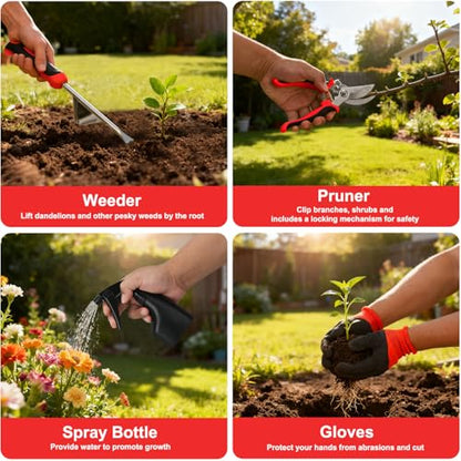 Yesker Gardening Tools 9-Piece Heavy Duty Garden Tool Set Gardening Supplies Gifts for Women Men Gardening Hand Tool Kit with Non-Slip Ergonomic Handle, Garden Bag, Durable Gloves, Pruning Shears, Red - size: 9PCS Black Red