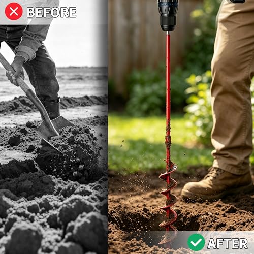 TCBWFY 2x32 Inch Auger Drill Bit for Planting - Long Handle Easy Planter Garden Auger - Bulb & Bedding Plant Augers - Post Hole Digger for 3/8”Hex Drive - size: 2"x32"-Red