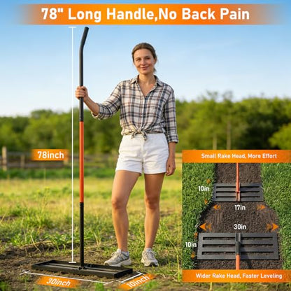 Lawn Leveling Rake, 30"x10" Leveler with 78" Adjustable Handle - color: Orange
