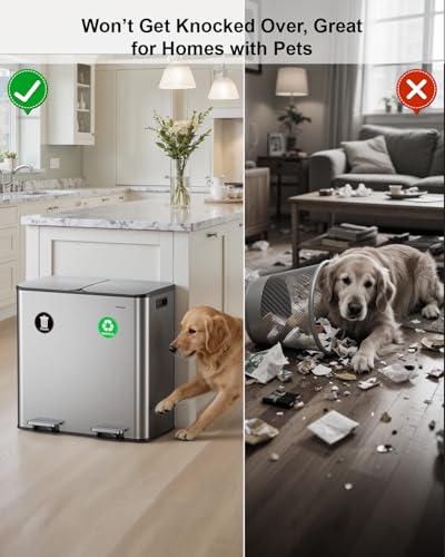 Lovewind 2×11.5 Gallon Dual Trash Can, Stainless Steel Dual Garbage and Recycling Can with Foot Pedal, 90° Stay-Open Lid, Pet-Proof Design – Large Dual Compartment Trash Recycling Bins Kitchen, Silver - color: Silver, size: 23 Gallon