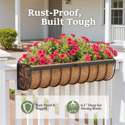 VOXOR Railing Planter Boxes, 24 Inch Window Boxes Planters, Balcony Planters with Adjustable Brackets & Coco Liner for Outdoor Fence, Deck, Porch, and Patio Gardening, 3 Pack - size: 24 Inch