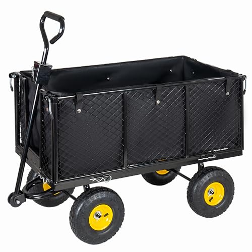 Oversized Steel Dump Garden Cart, 4-in-1 Pullable Mesh Metal Garden Cart, 880lbs All-Terrain Utility Cart with Removable Liner & Side Panels & Mesh Tray for Outdoor Lawn, Patio and Landscaping (Black) - color: Black