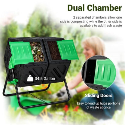 34.5 Gallon Dual Chamber Compost Tumbler, 360° Rotating Compost Bin with Sliding Doors, Aeration System, BPA Free PP Material, Rustproof Metal Frame, Black and Green, 25.5 x 23.5 x 29 Inches, 18 lbs