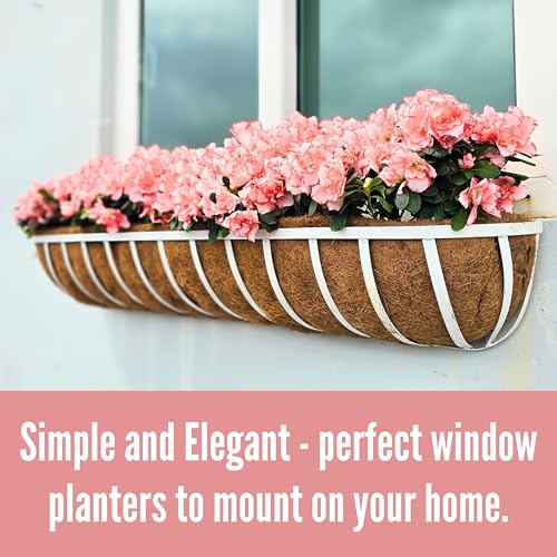 LaLaGreen Window Planter Boxes (48 Inch, 2 Pack) Deck Railing Flower Box with Coco Liner, White Metal Rectangular Wall Planters for Outdoor Plants Fence Balcony Horse Trough Garden Herb Patio Porch - size: 48 Inch (2 Pack)