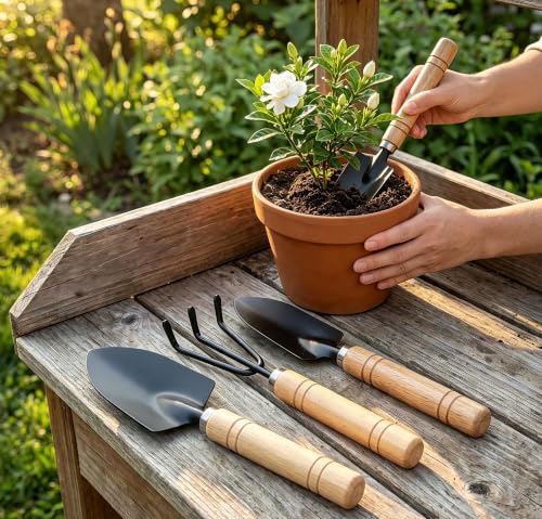 3PCS Small Garden Tools Set - Mini Garden Tools Set with Trowel, Shovel & Hand Rake Made of Rust-Resistant Iron & Solid Wood for Indoor Plants, Succulents, Bonsai, Potting & Repotting - color: Medium Size 3-Piece Set