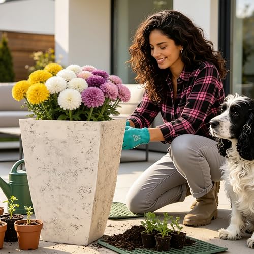 2-Pack 19" Country White Resin Square Planters with Drainage Hole - color: 19"h-ivory Rustic Stone
