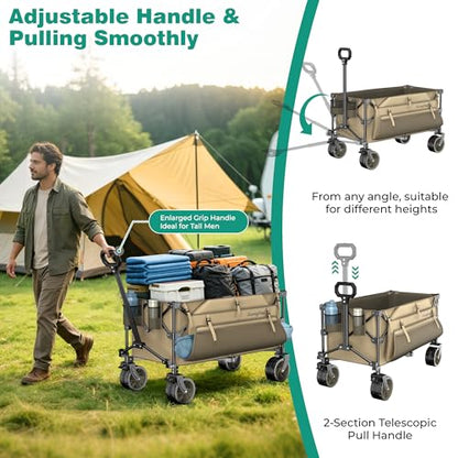 SUNNYFEEL 300L Collapsible Wagon Cart with Big Wheels, 550LBS, Khaki - color: Khaki