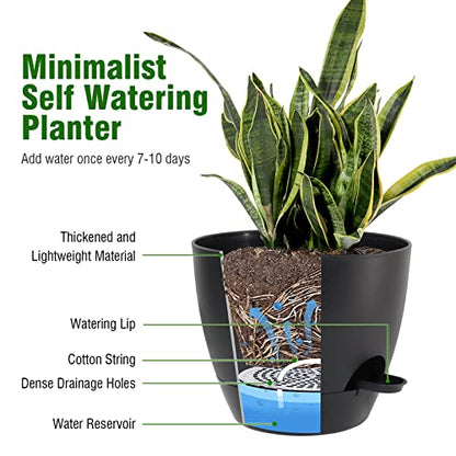 UOUZ Large Self Watering Pots, 12/10/9 Plastic Planters with High Drainage Holes and Deep Reservoir for Indoor Outdoor Garden Plants and Flowers, Black - color: Black