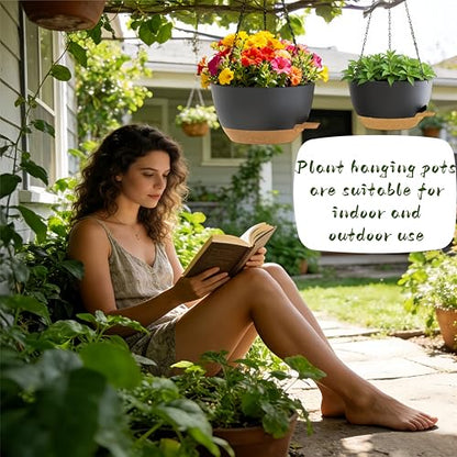 3 Pack Hanging Planters for Indoor Outdoor Plants, 10 Inch Self Watering Hanging Pots for Plants, Plastic Hanging Flower Baskets for Plants Hanger with Drainage and Tray, Chain (Black Brown)