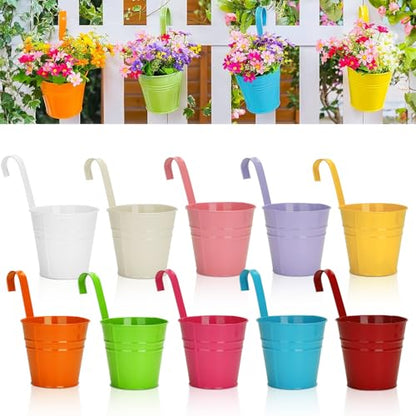 KINGLAKE Flower Pots,10 Pcs Metal Iron Hanging Flower Plant Pot Balcony Garden Plant Planter Baskets Fence Bucket Pots 6.3'' Flower Holders with Detachable Hook - color: Multicolor, size: 6.3 Inch