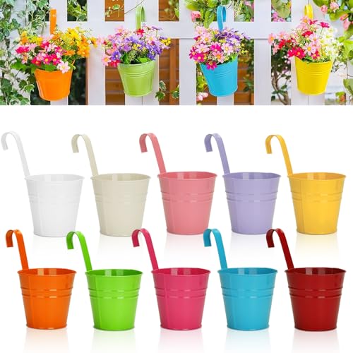 KINGLAKE Flower Pots,10 Pcs Metal Iron Hanging Flower Plant Pot Balcony Garden Plant Planter Baskets Fence Bucket Pots 6.3'' Flower Holders with Detachable Hook - color: Multicolor, size: 6.3 Inch