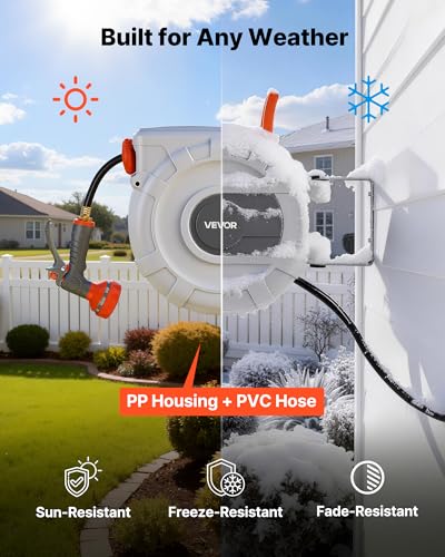 VEVOR Retractable Garden Hose Reel, 1/2 in x 50 ft, Wall Mounted Hose Reel with 9-Function Sprayer Nozzle and 180° Swivel Bracket, Any Length Lock, Automatic Slow Rewind System, for Garden Watering - size: 1/2 in x 50 ft