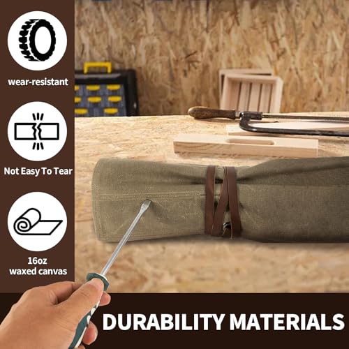 Chisel Roll,Small Tool Roll Pouch,Tool Roll Bag Organizer, Heavy Duty Waxed Canvas Tool Bag, Multi-Purpose Roll-Up Storage Bag for Hand Tools Holder with 6 Pockets Wrench Roll Up Pouch - color: Brown