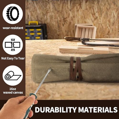 Chisel Roll,Small Tool Roll Pouch,Tool Roll Bag Organizer, Heavy Duty Waxed Canvas Tool Bag, Multi-Purpose Roll-Up Storage Bag for Hand Tools Holder with 6 Pockets Wrench Roll Up Pouch - color: Brown