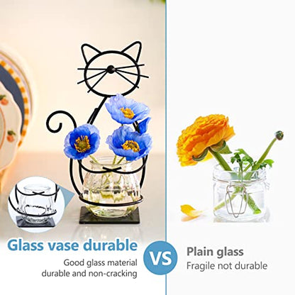 Desktop Cat Planter Propagation Station, Glass Vase Metal Stand - color: Cat