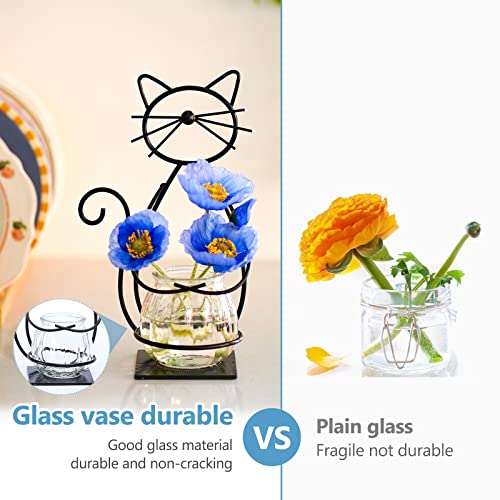 Desktop Cat Planter Propagation Station, Glass Vase Metal Stand - color: Cat